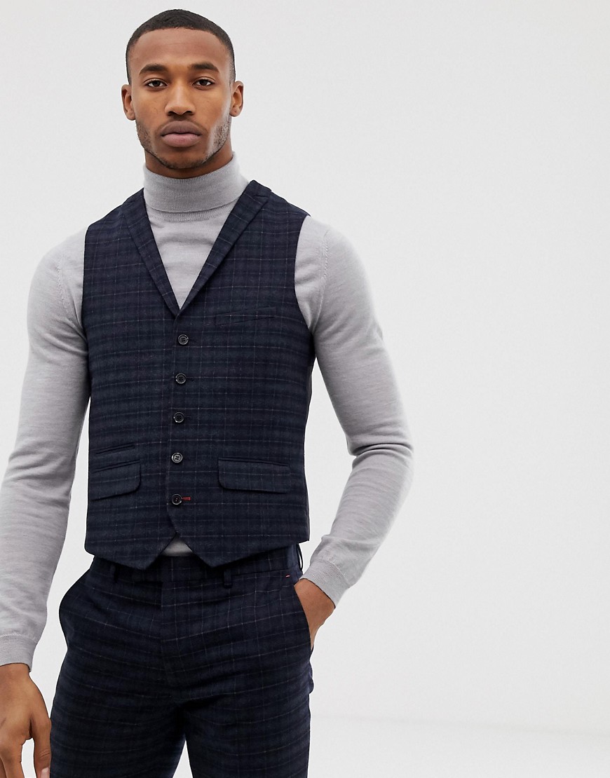 Harry Brown navy and gold slim fit check suit waistcoat