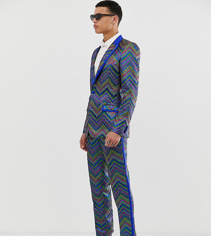 ASOS EDITION Tall slim crop tuxedo trousers in multi coloured zig zag jacquard