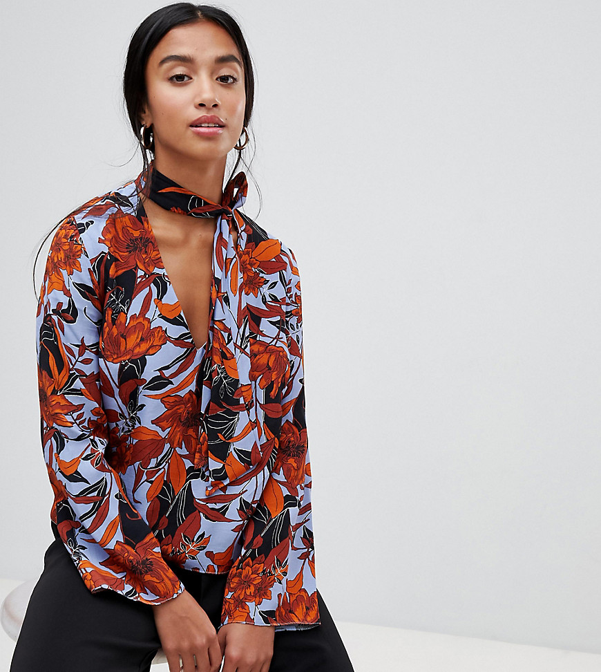 Miss Selfridge Petite blouse with pussy bow tie in floral print