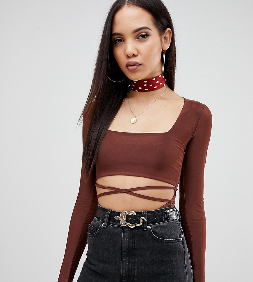 Missguided Tall exclusive tall slinky cut out square neck body in chocolate