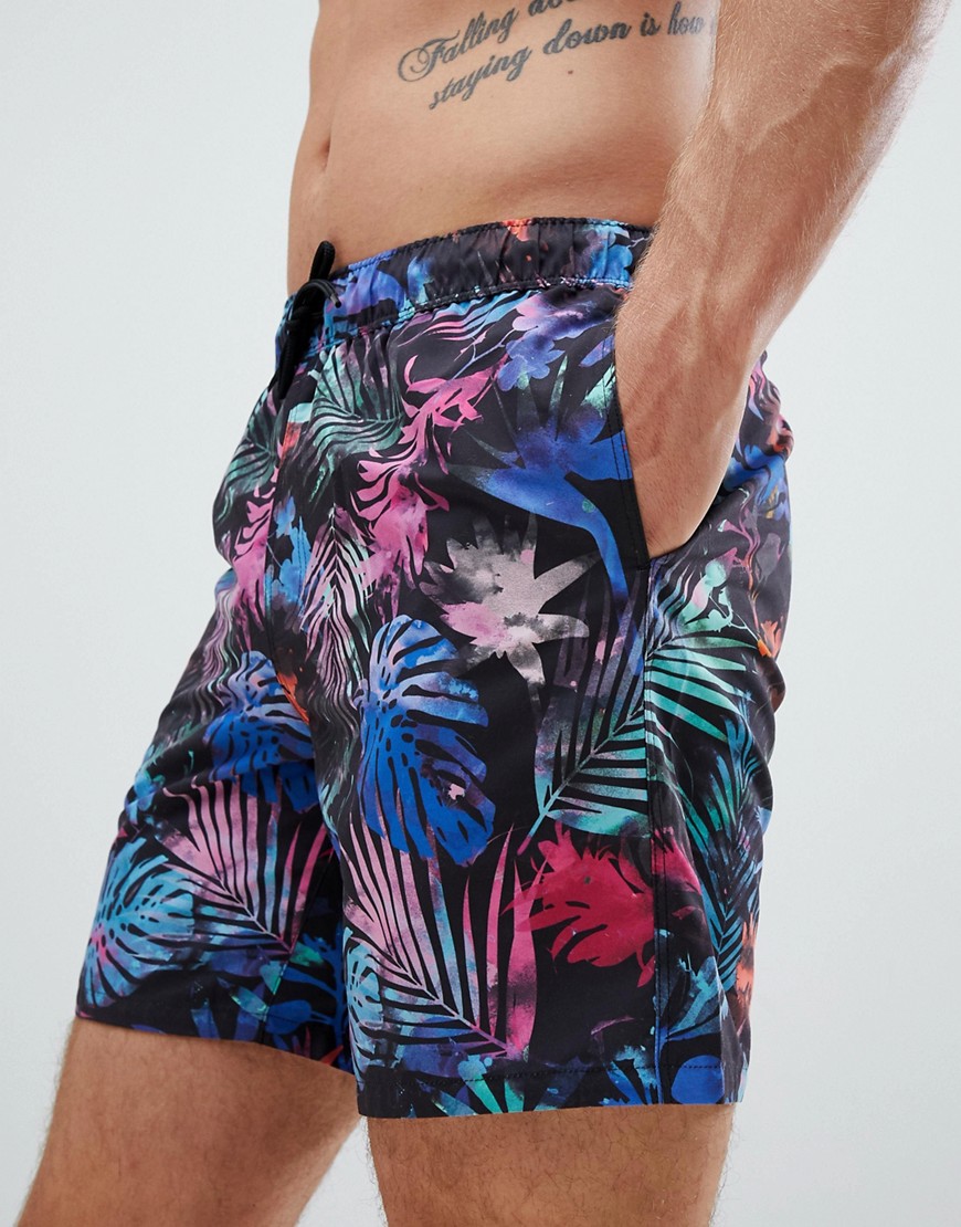ASOS DESIGN swim shorts in colourful tropical print in mid length