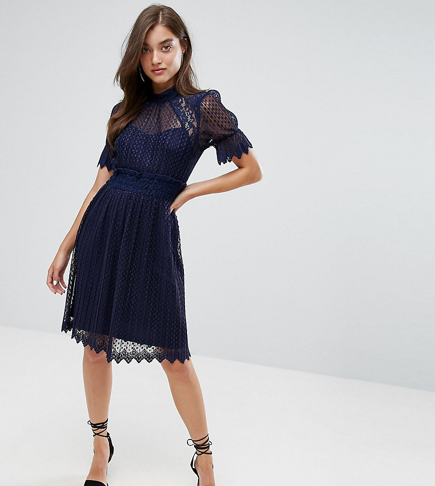 TFNC High Neck Pleated Lace Midi Dress With Smocked Waist