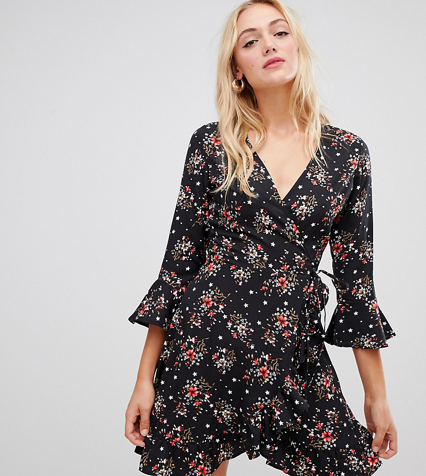 Influence Tall floral and star print ruffle detail wrap dress