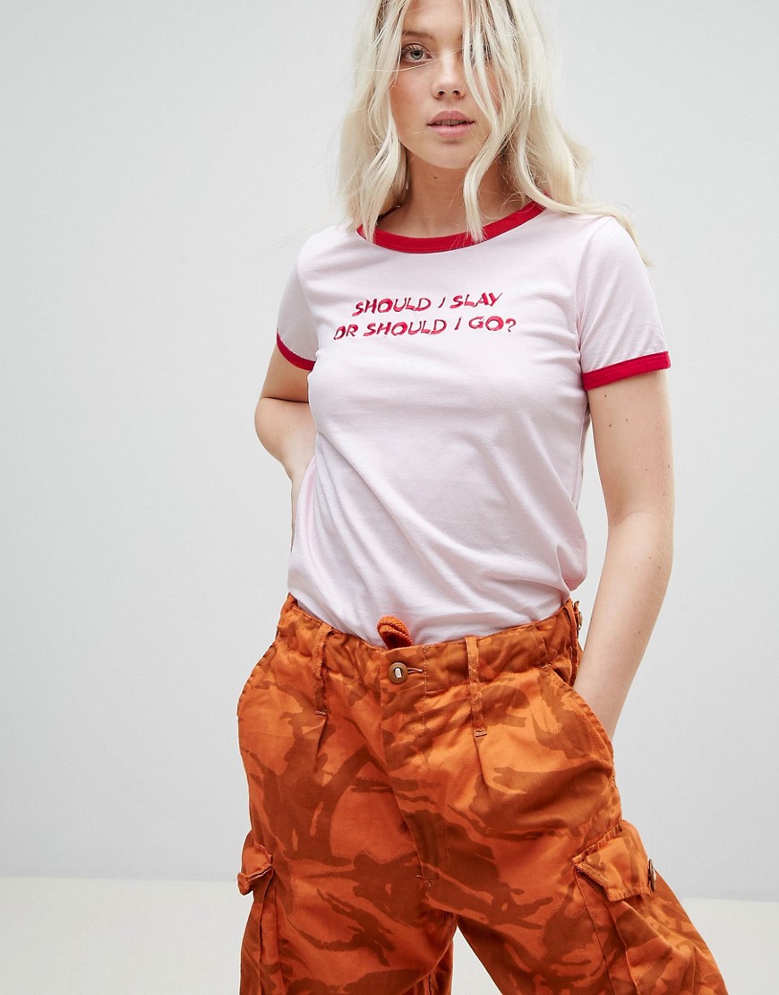 Daisy Street Ringer T-Shirt With Slay Slogan - Pink