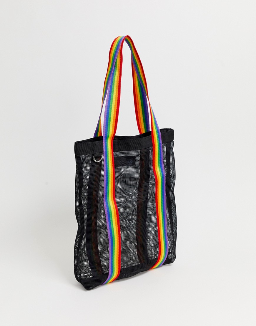 Asos Design Mesh Tote Bag Shopper With Rainbow Stripe Handles-black