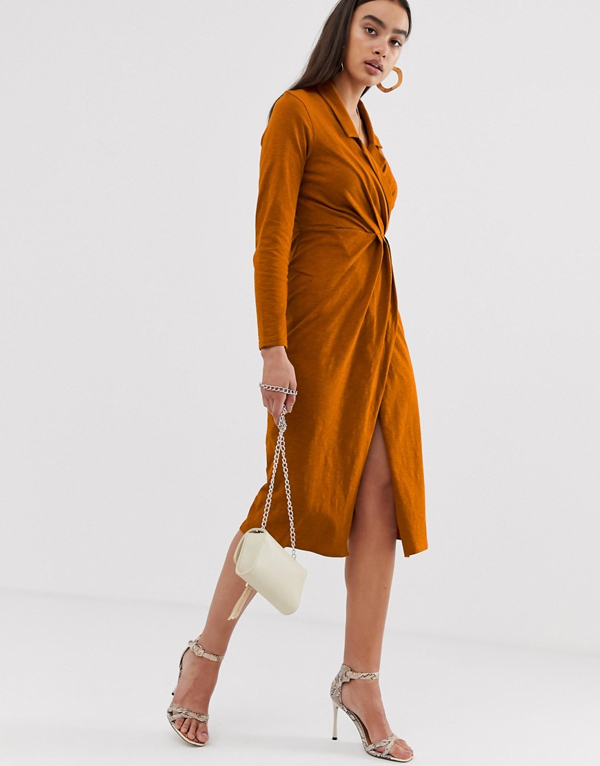 Asos Design Midi Wrap Front Shirt Dress In Slub-orange