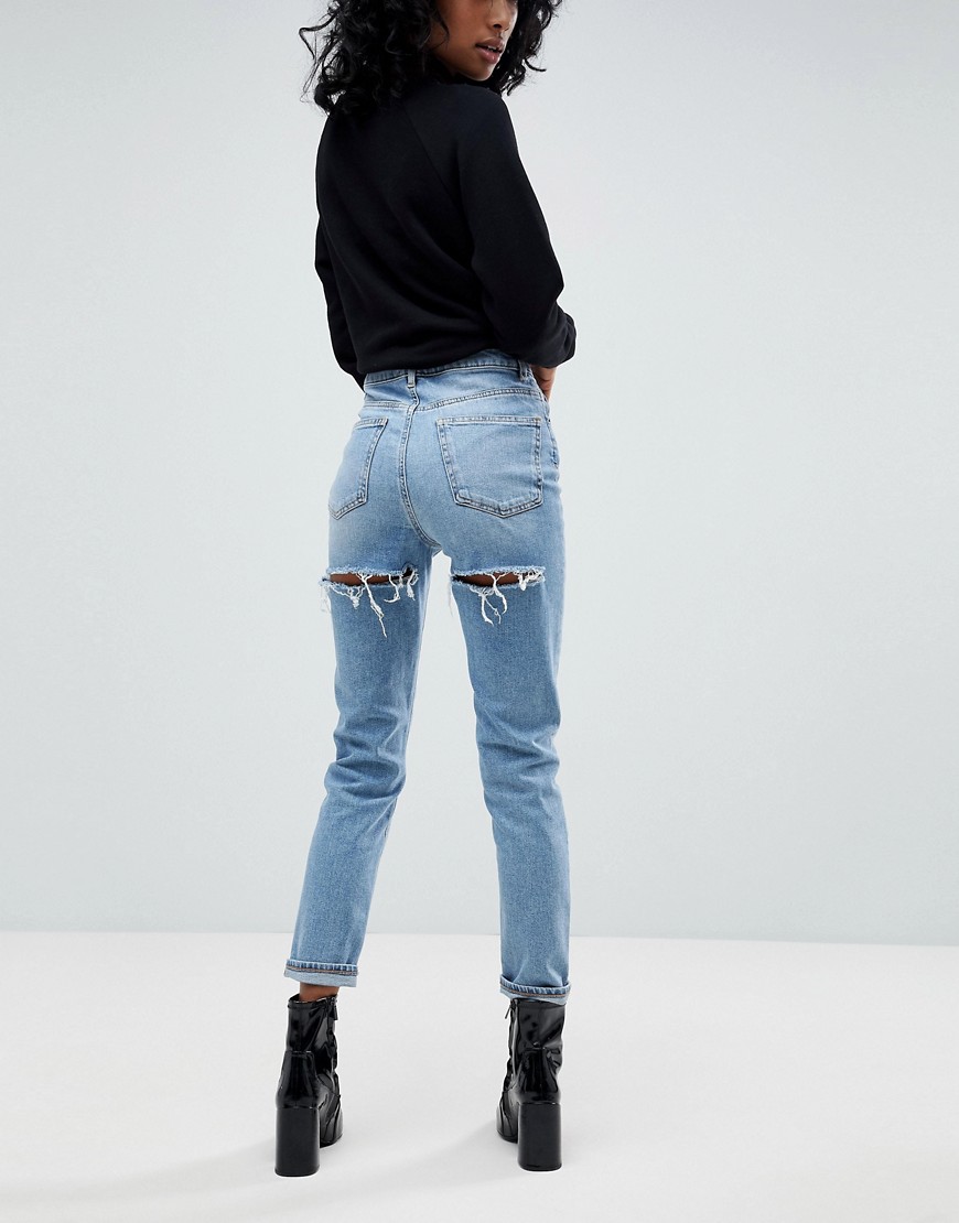 Asos Design Farleigh High Waist Slim Mom Jeans In Ariel Light Stone Wash With Bum Rips-blue