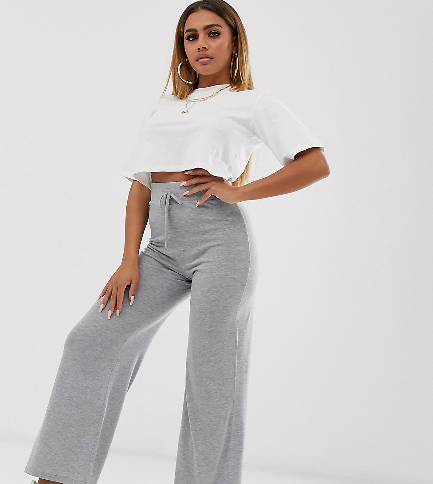 PrettyLittleThing Petite wide leg jogger with drawstring detail in grey