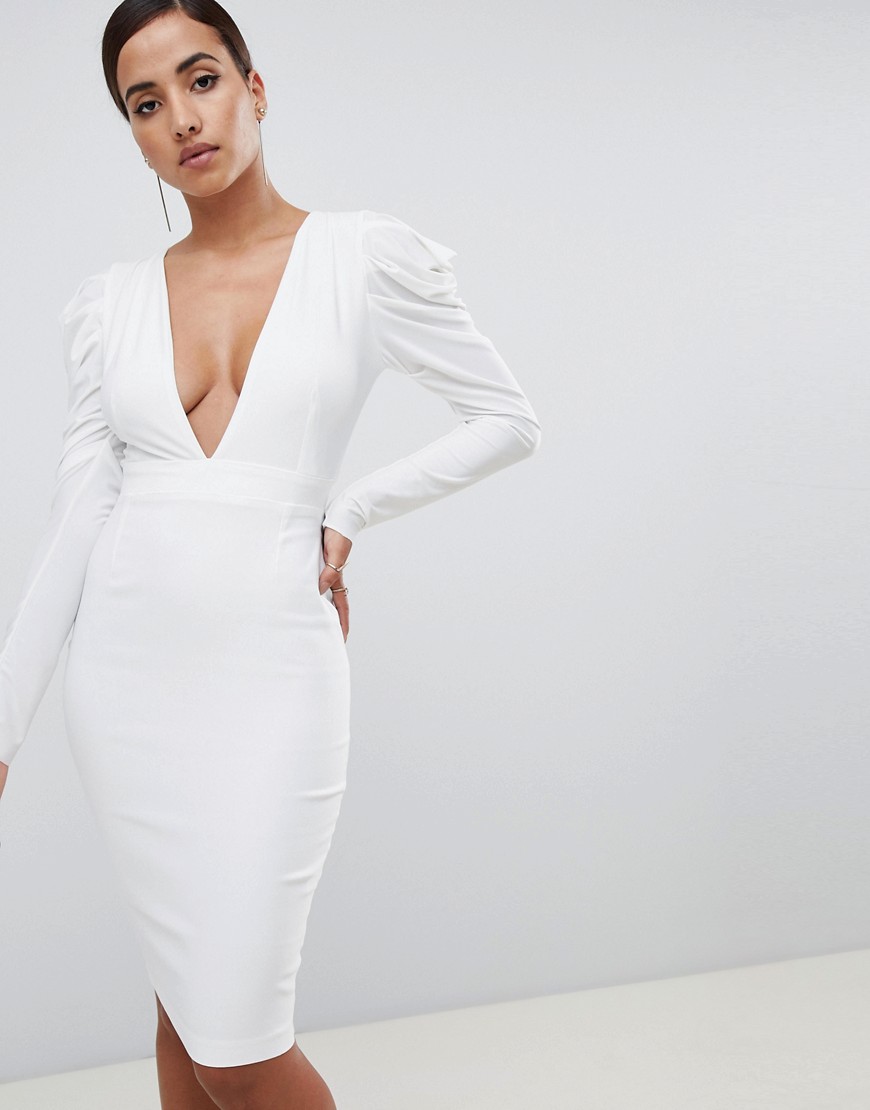 Vesper plunge front ruched sleeve midi dress in white