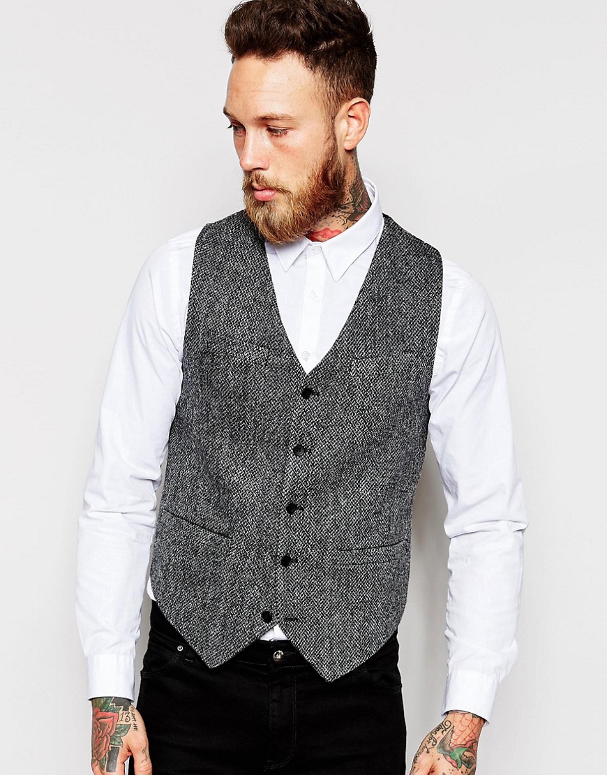 ASOS Slim Waistcoat In Harris Tweed 100% Wool - Grey