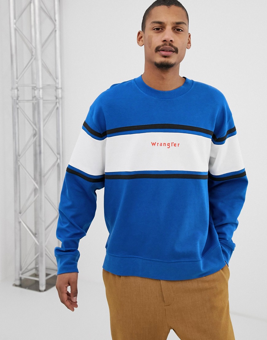 Wrangler oversized logo colourblock chest stripe crew neck sweatshirt in blue/white