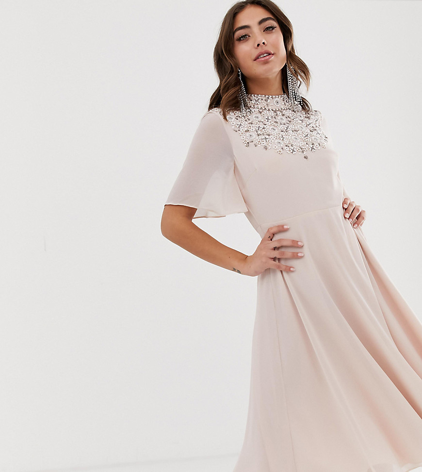 Asos Design Midi Dress With Flutter Cape And Pretty Pearl Embellishment-pink