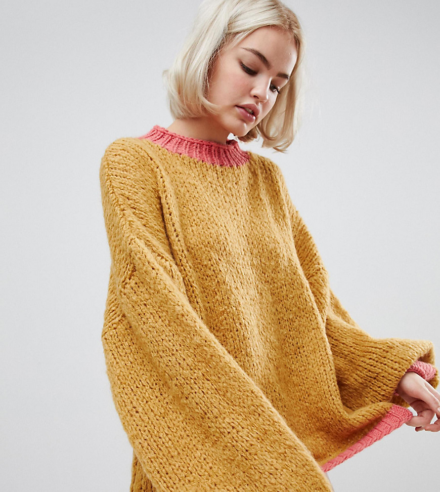 OneOn hand knitted oversized jumper with contrast ribs - Mustard pink