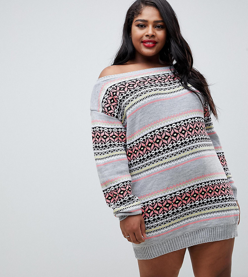 Club L plus christmas off the shoulder jumper dress with all over intarsia fairsle print