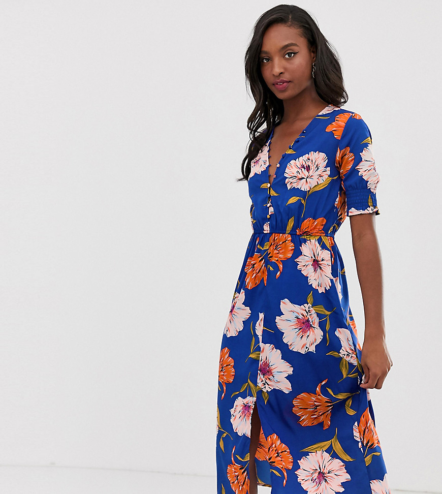 Influence Tall floral midi dress with shirred sleeves