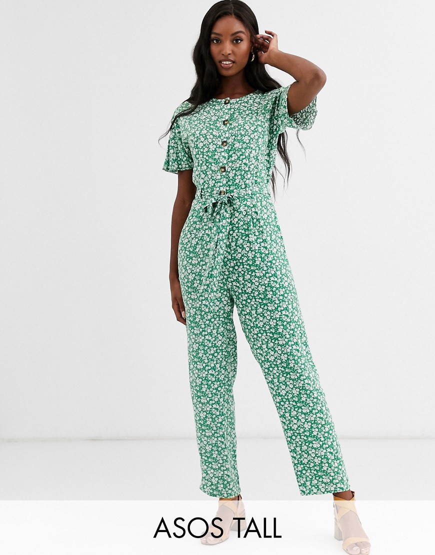 ASOS DESIGN tall button front jumpsuit with tie waist in ditsy floral print