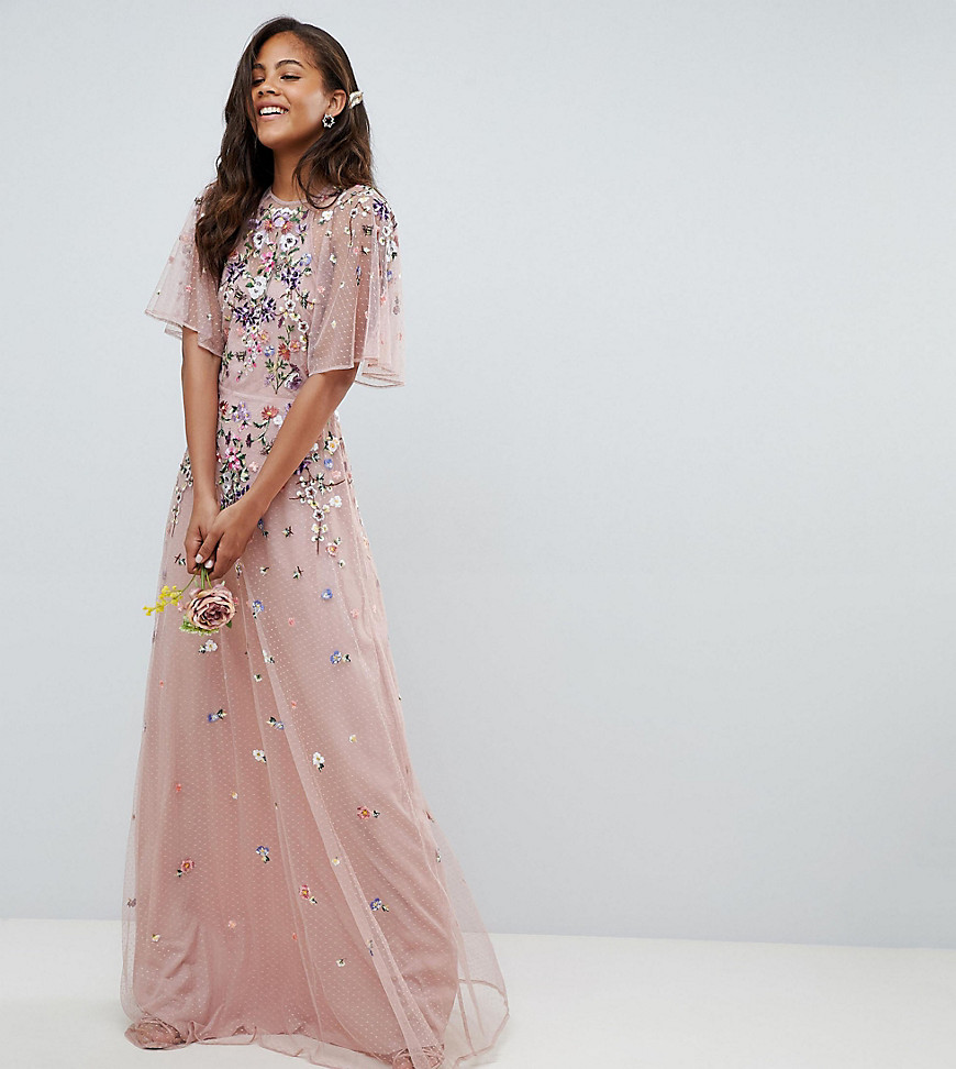 ASOS DESIGN Tall floral embroidered dobby mesh flutter sleeve maxi dress