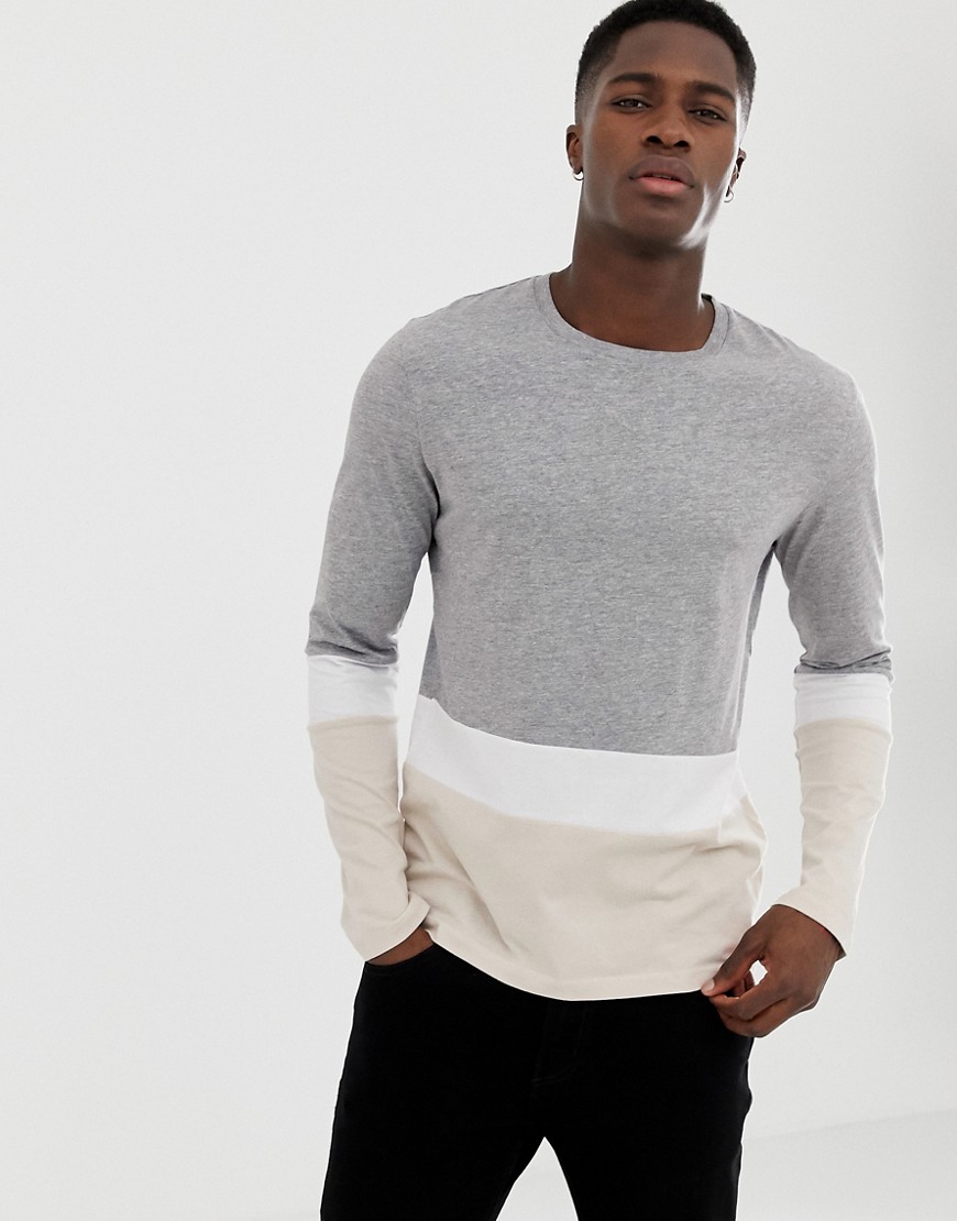 Celio long sleeve colour block t-shirt in grey