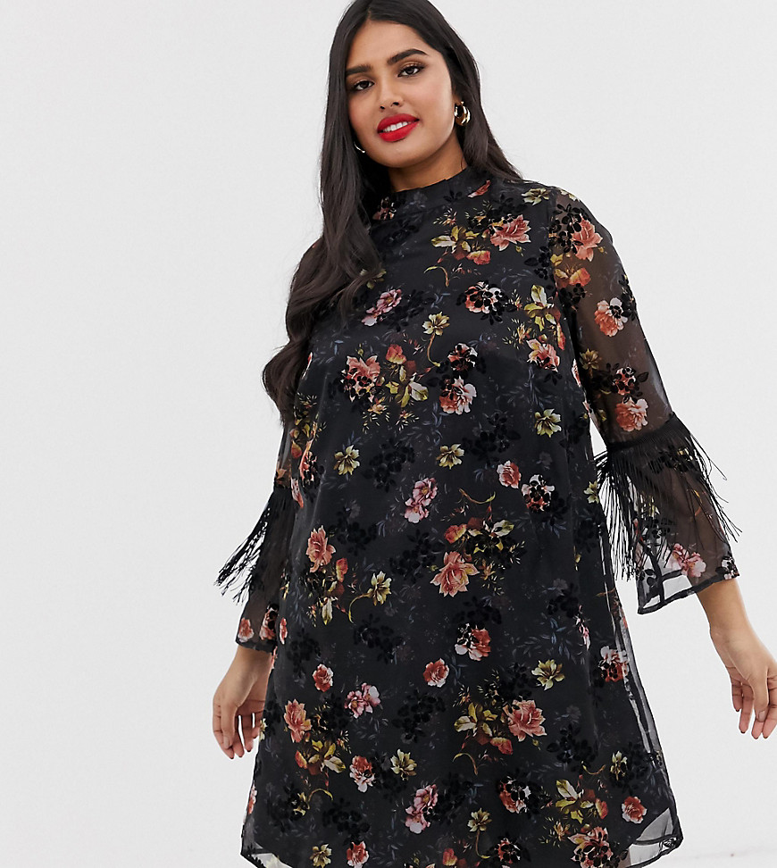 Koko flocked floral shift dress with fringed sleeves