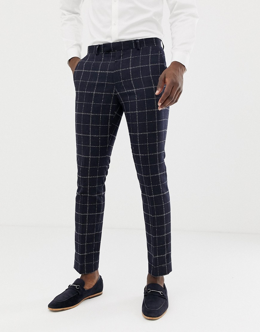Moss London skinny pleated suit trousers in windowpane check