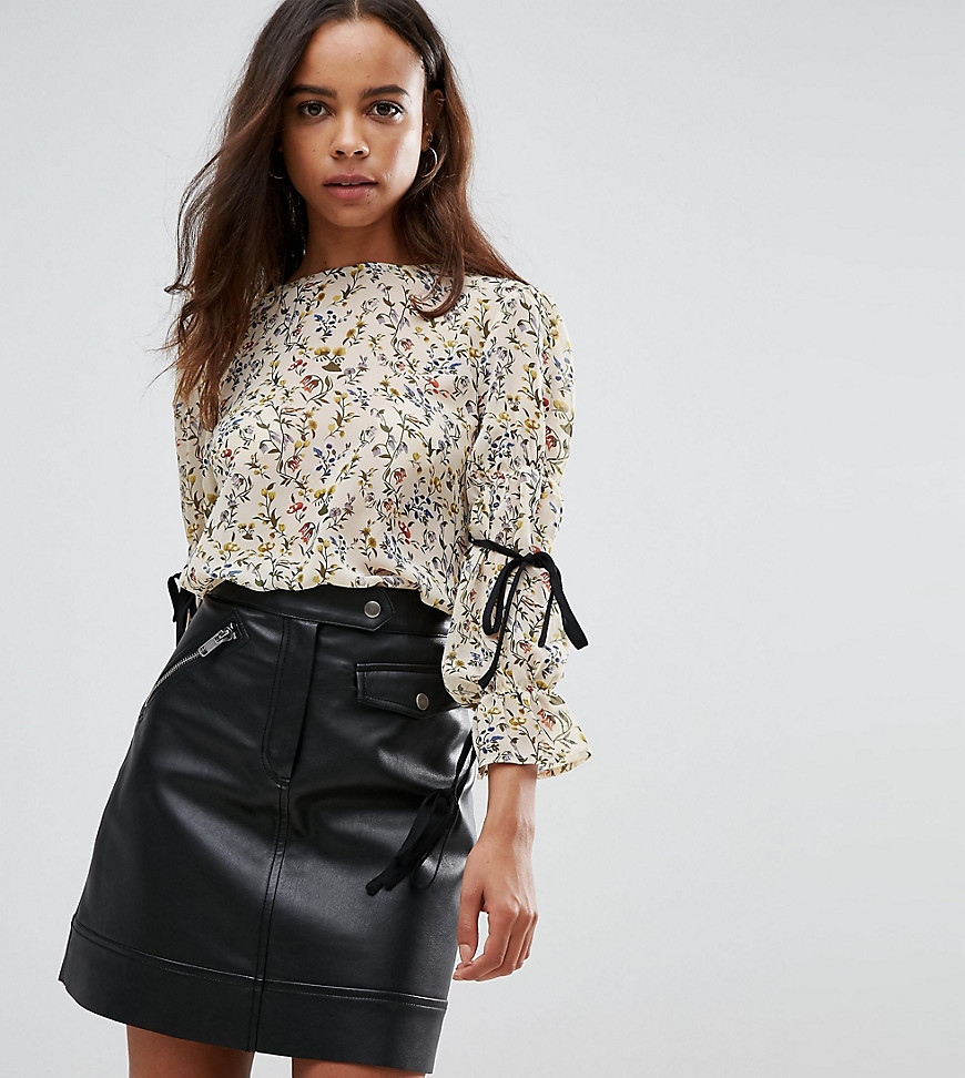 Fashion Union Petite High Neck Blouse In Floral With Tie Sleeves - Yellow floral
