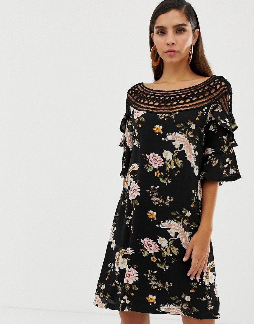 Liquorish floral shift dress with lace cutout detail and fluted sleeves