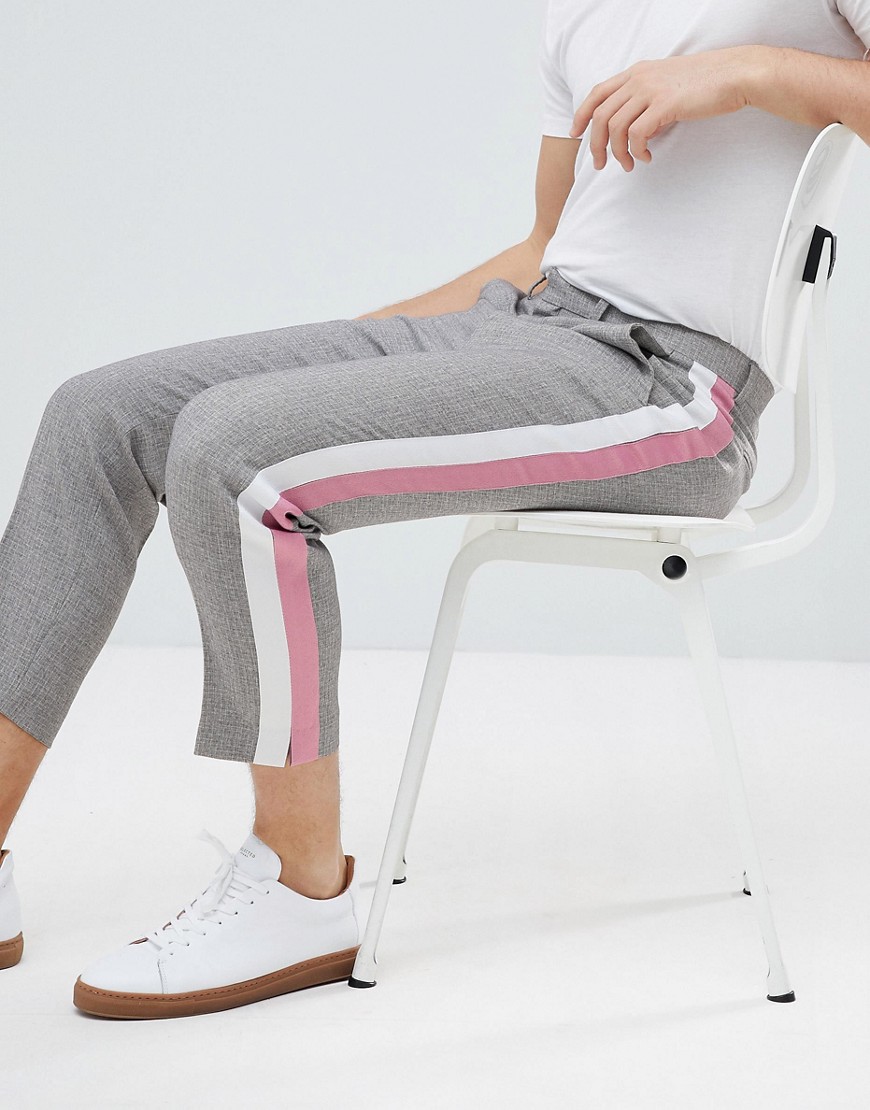 ASOS Tapered Smart Trousers In Grey Texture With Pastel Side Stripes - Grey