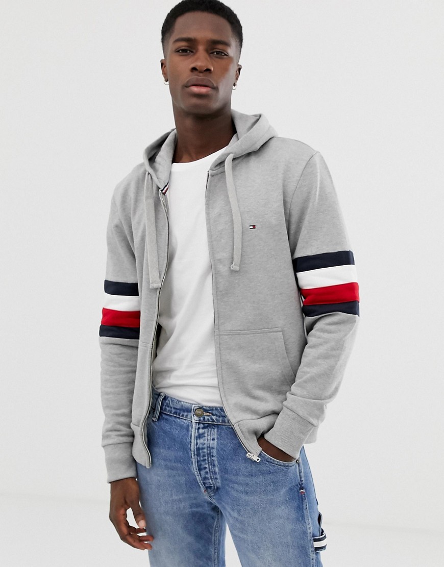 Tommy Hilfiger icon logo and sleeve stripe full zip hoodie relaxed fit in grey marl