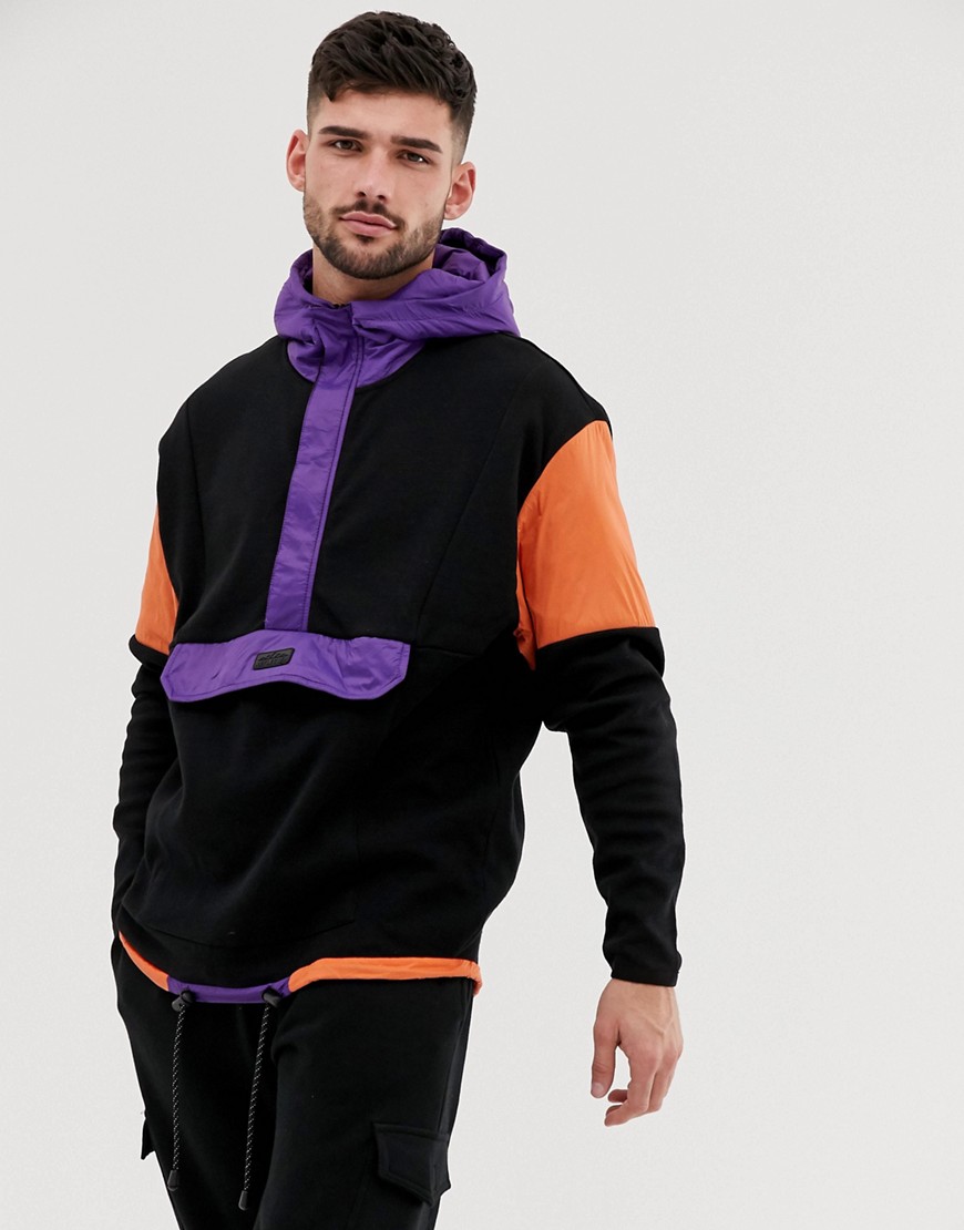 Bershka colour block hoodie with front pocket in black