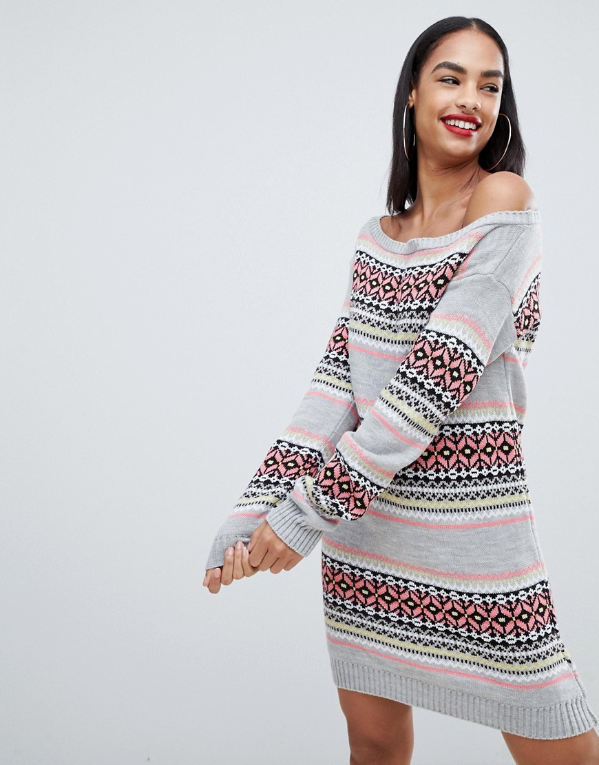 Club L christmas off the shoulder jumper dress with all over intarsia fairsle print