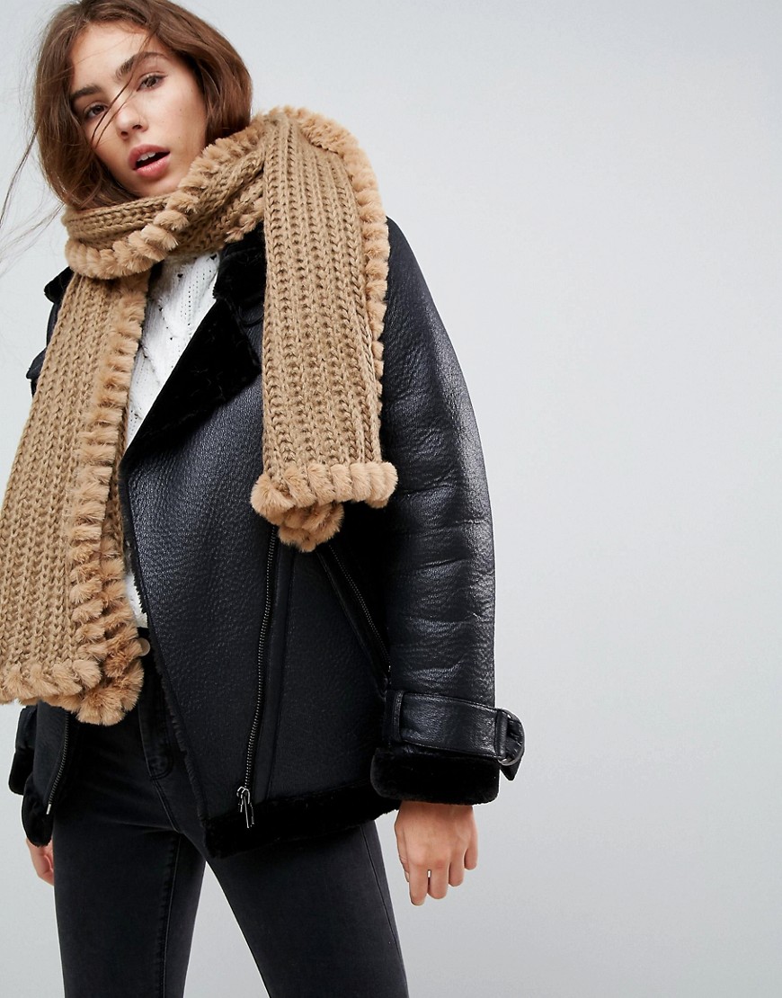 Urbancode Knitted Scarf With Faux Fur Trim - Camel