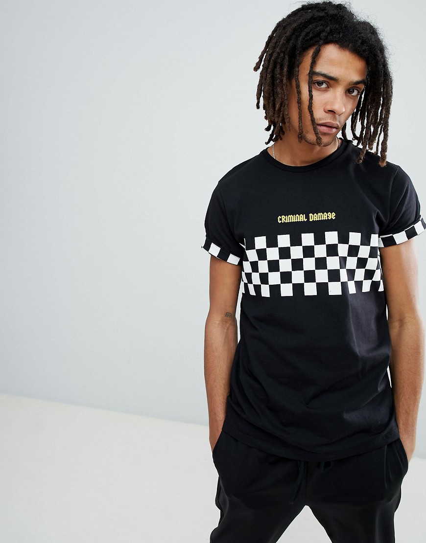 Criminal Damage T-Shirt In Black With Checkerboard Panel - Black