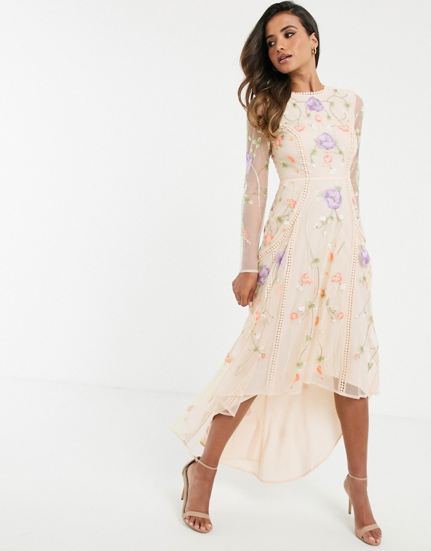 ASOS DESIGN midi dress with dipped hem in occasion floral embroidery and lace inserts