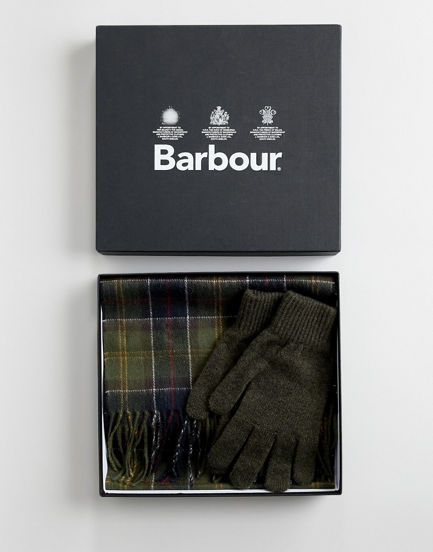 Barbour lambswool tartan gift set scarf and gloves in green