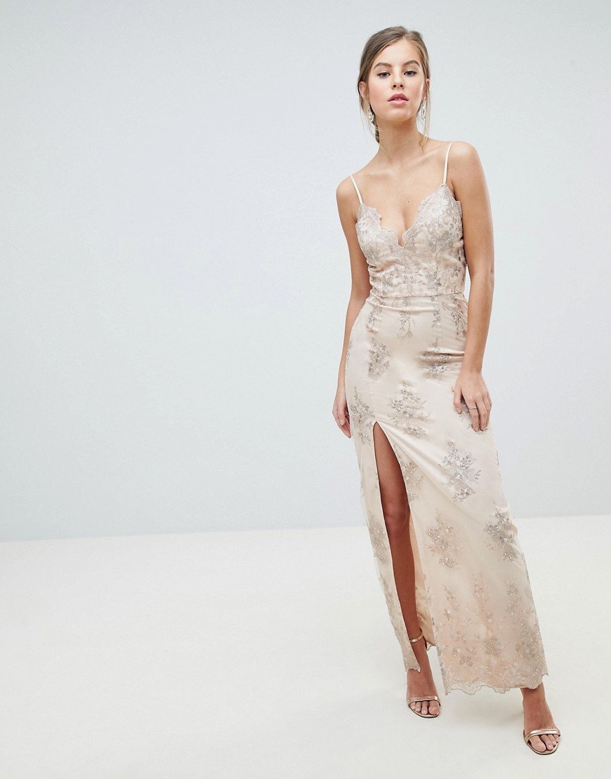 Chi Chi London Scalloped Plunge Maxi Prom Dress with Gold Embroidery