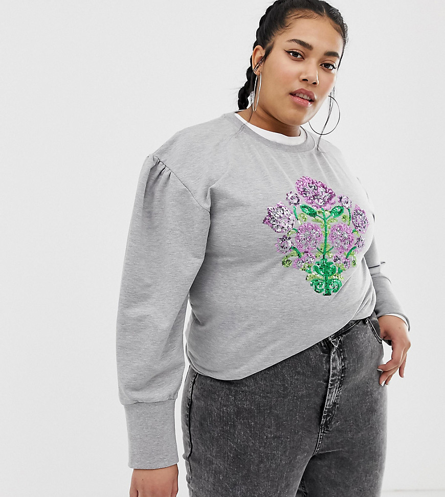 Chorus Plus Mutton Sleeve Sweater with Sequin Floral