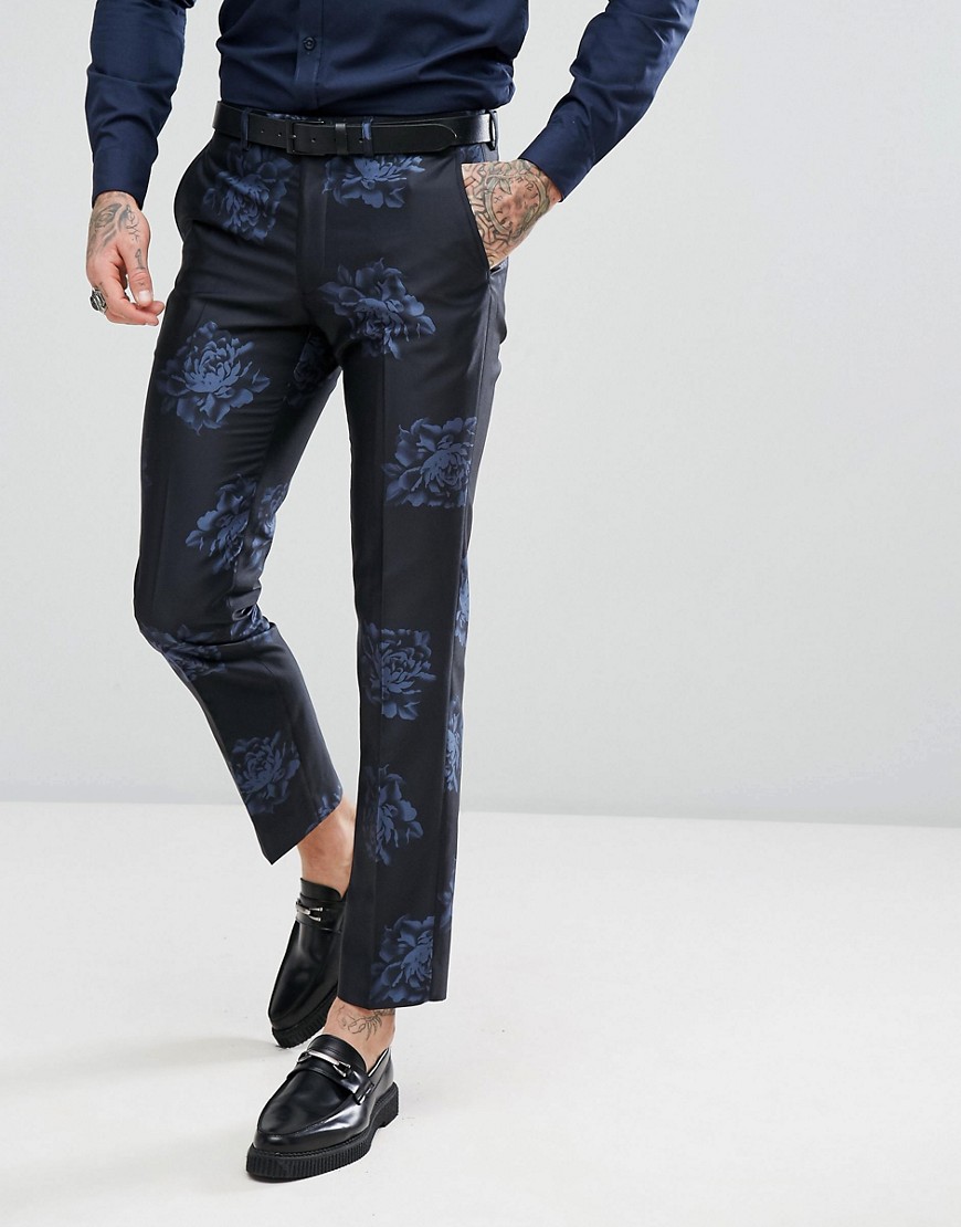 Rudie Navy Floral Print Skinny Fit Suit Trousers - Navy
