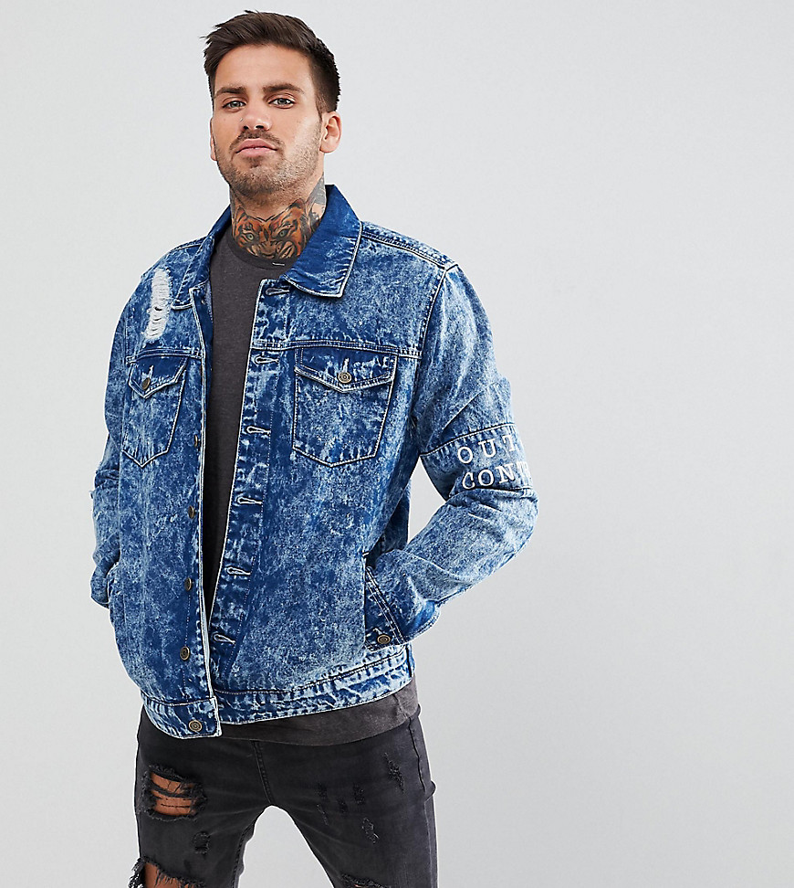Brooklyn Supply Co Acid Wash Denim Jacket With Arm Band and Rip and Repair