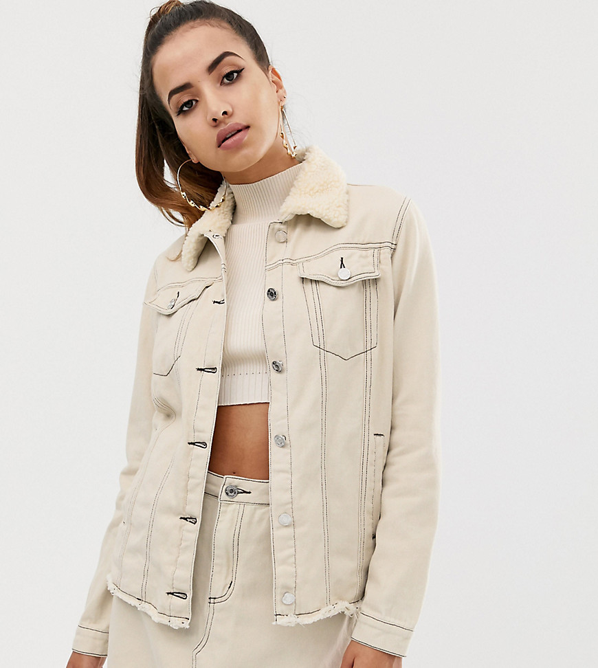 Missguided co-ord denim jacket with borg collar and contrast stitch in ecru