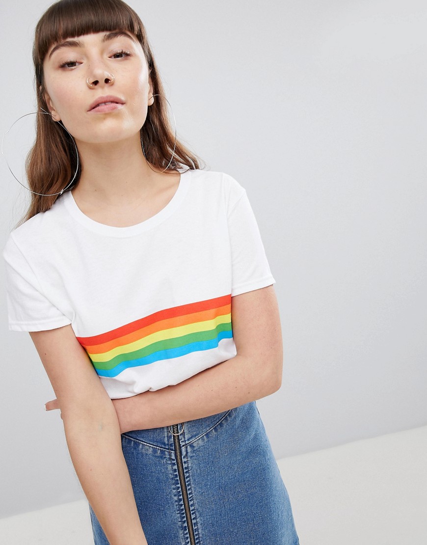 Daisy Street T-Shirt With Rainbow Stripe - White