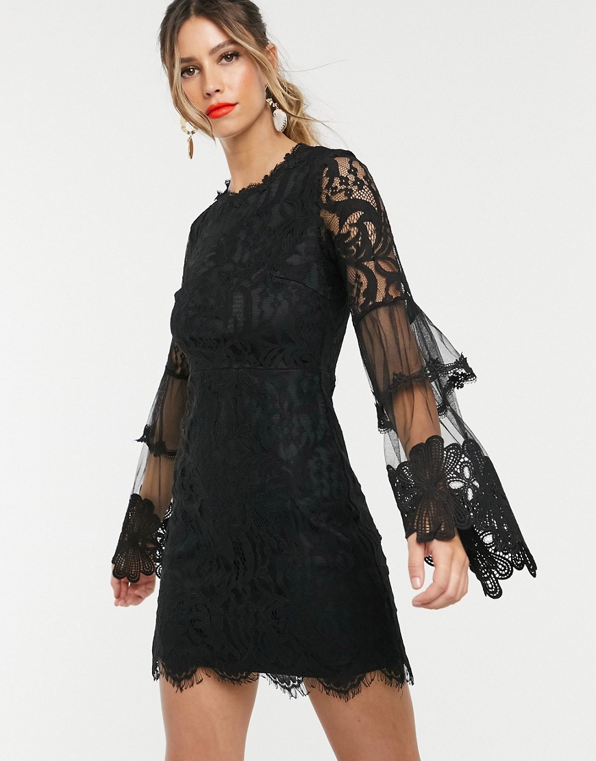 Forever U lace mini dress with bell sleeves in black