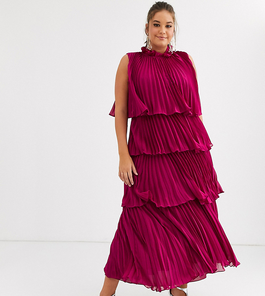 Truly You high neck tiered maxi dress with pleat detail in raspberry