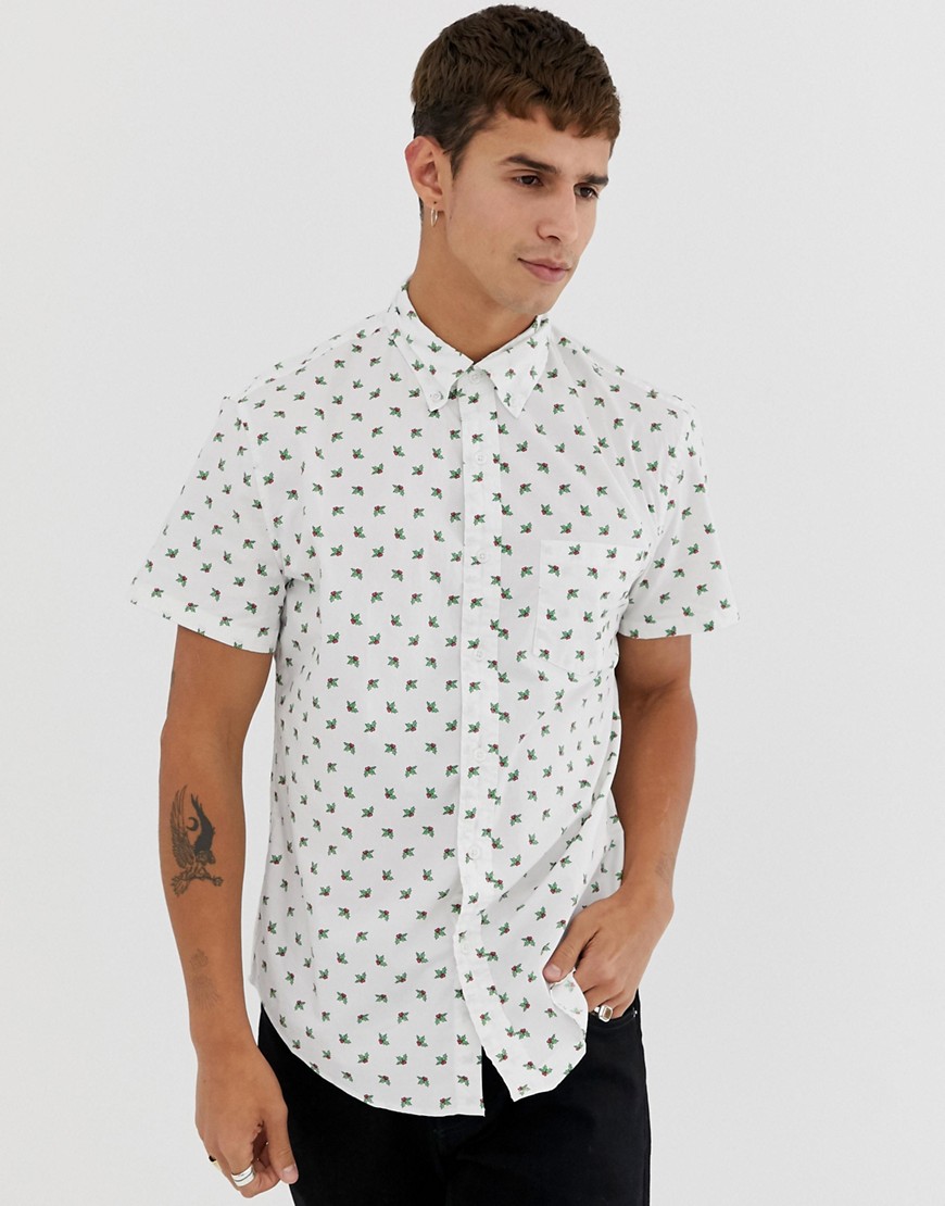J.Crew Mercantile slim fit short sleeve holly berries print shirt in white