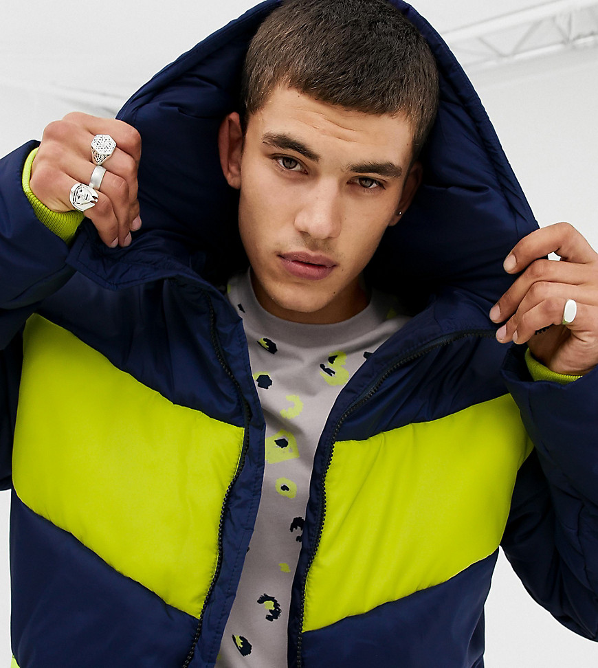 COLLUSION Tall colour blocked puffer jacket in navy