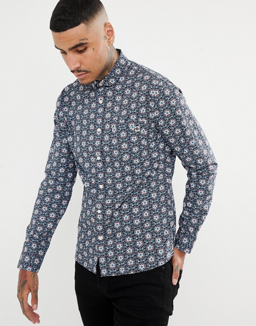 Pretty Green slim fit floral print shirt in navy