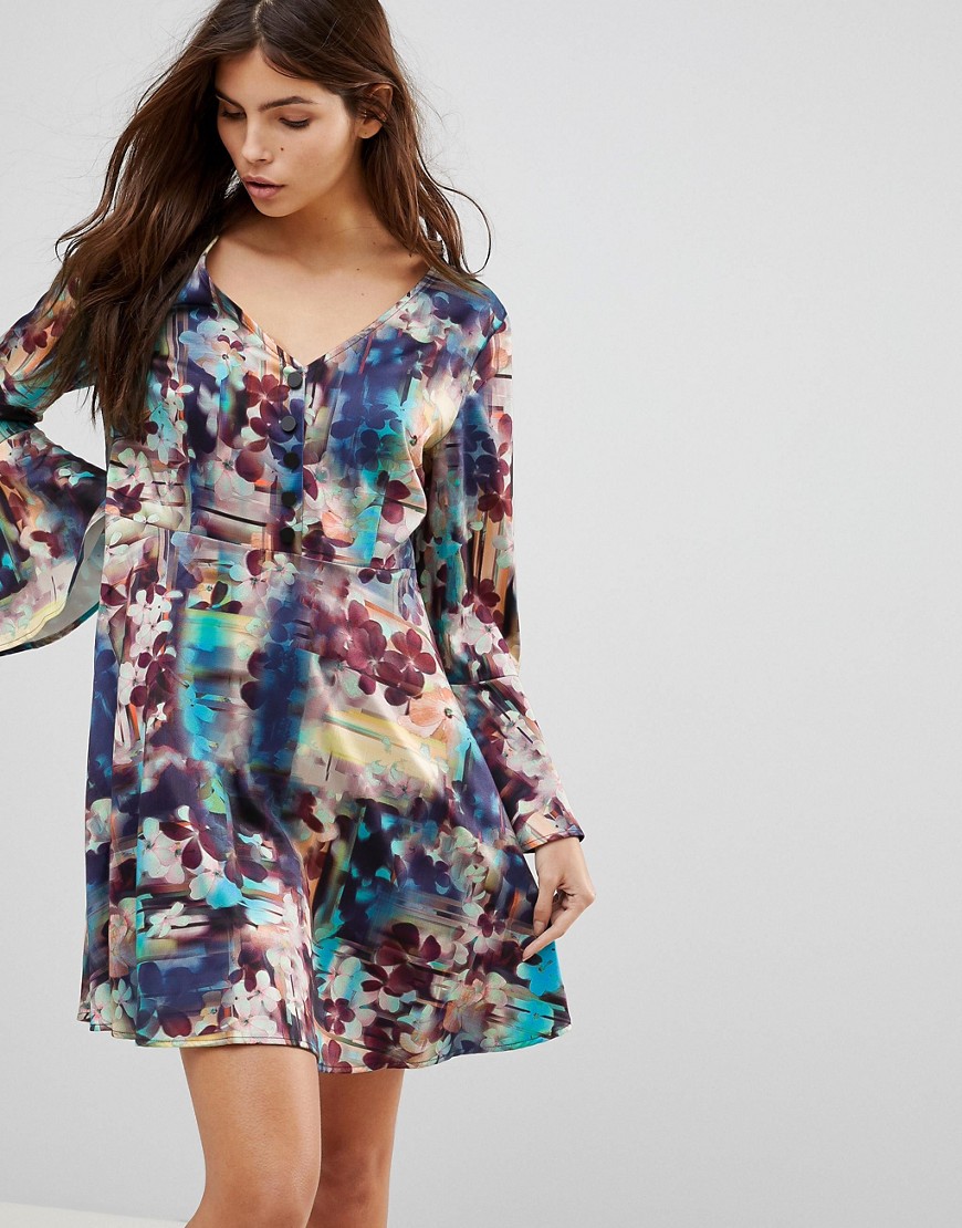 Lavand Abstract Floral Skater Dress With Fluted Sleeve