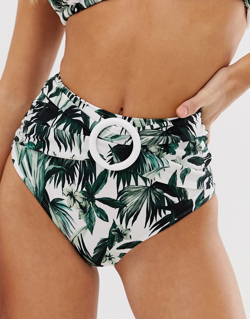 ASOS DESIGN cross high waist bikini bottom with ring detail in oversized palm print