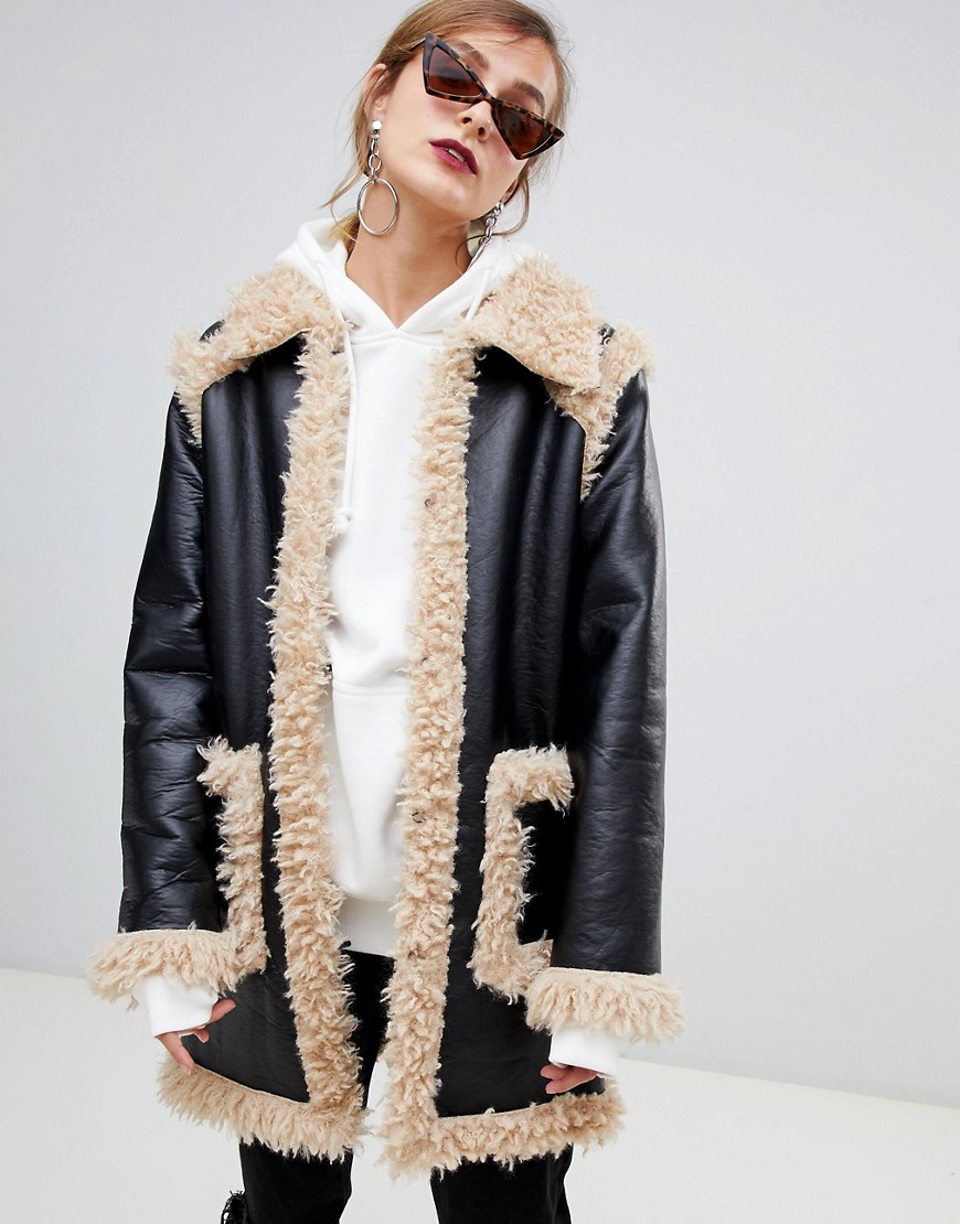 Story Of Lola PU Coat With Faux Shearling