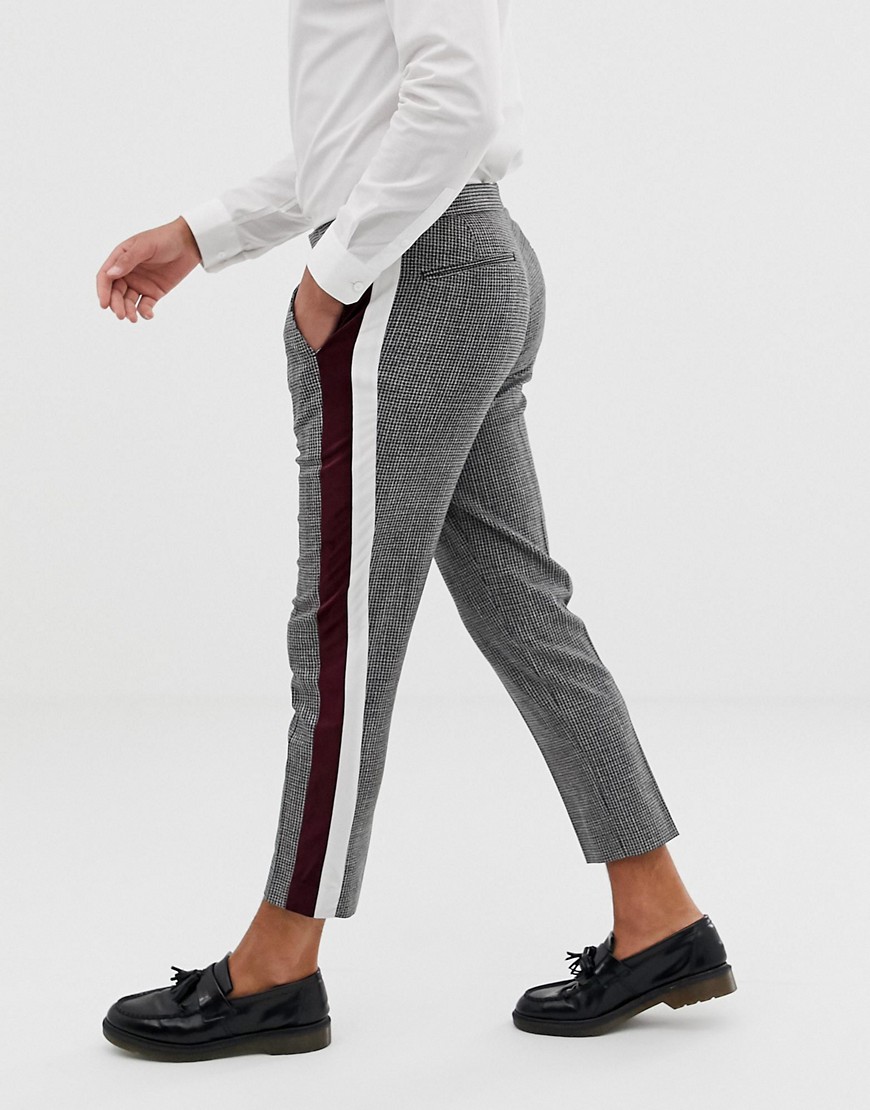 ASOS DESIGN skinny crop smart trouser in grey check with velvet side stripe