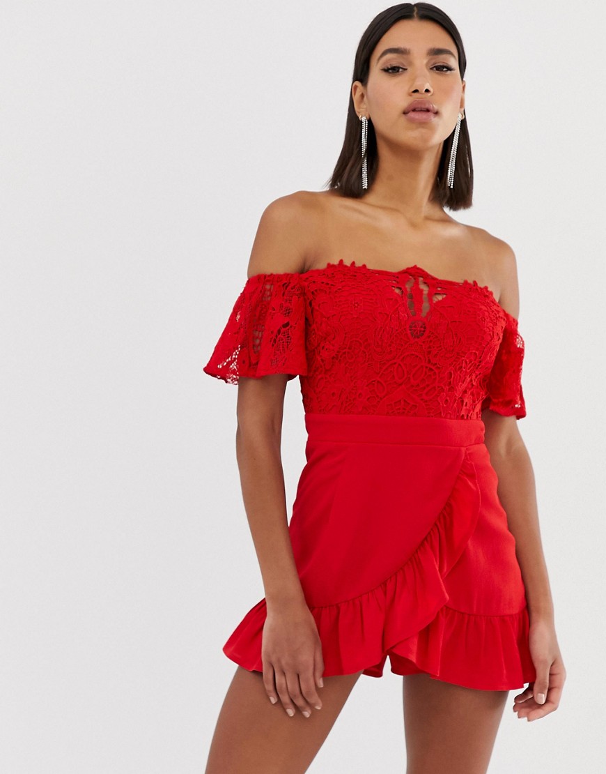 Love Triangle lace top playsuit with wrap ruffle skort in red
